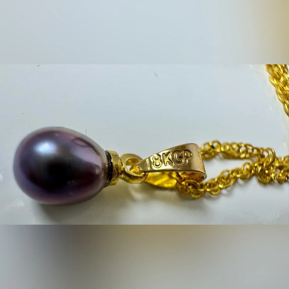 18K Gold-plated & Purple Pearl Necklace with Matching Stud Earrings #1054